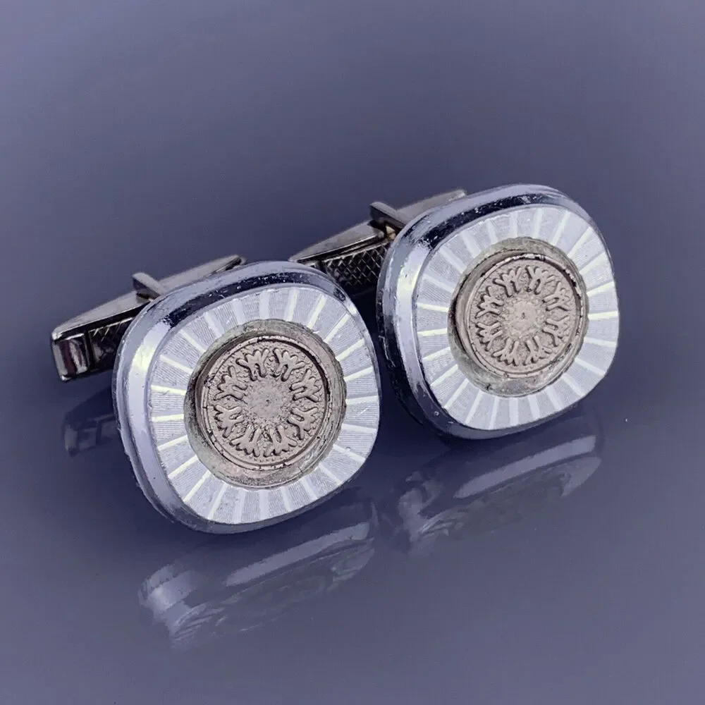 Etched Rays Art Deco Style Cufflinks Silver Tone Flower Trees Square Vintage